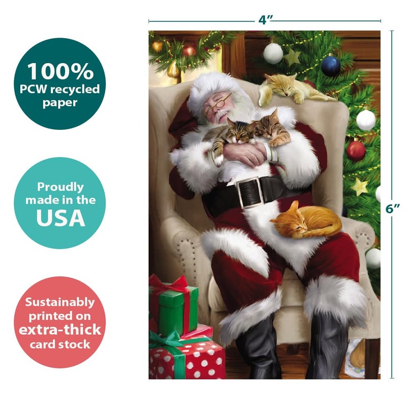 Tree-Free Greetings - Season's Greeting Cards - Artful Designs - 12 Cards + White Envelopes - Made in USA - 100% Recycled Paper - 4 x 6 - Cat Nap Santa (FS93513) - Image 4
